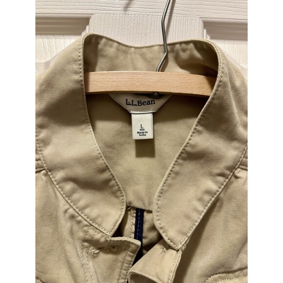 L.L. Bean Utility Jacket Coat Khaki Tan Women’s Sz Large Pima Cotton Button Up - Picture 2 of 10